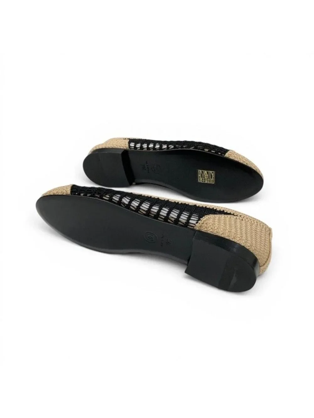 Chanel Flat Shoes Raffia Beige Black Ballerina CC Logo Ballet